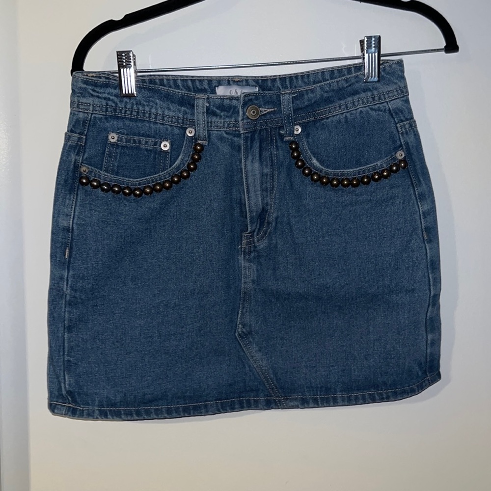 Denim studded pocket mini skirt. US size small